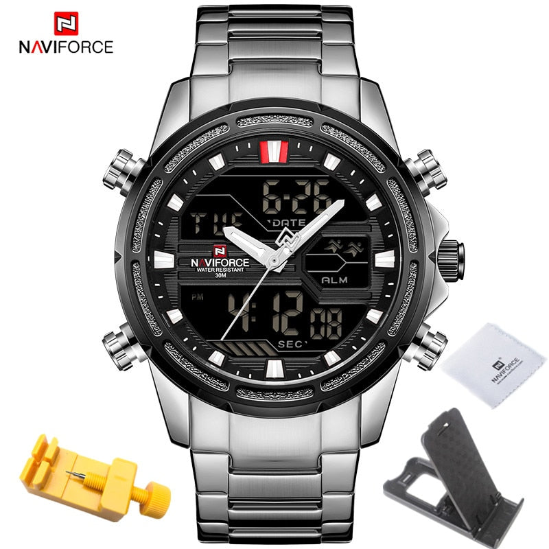 NAVIFORCE Watches for Men Luxury Brand Digital Chronograph Sport Quartz Wristwatch Waterproof Military Steel Band Luminous Clock